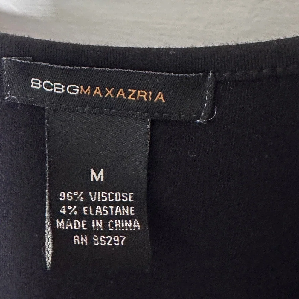 3/$20💥BCBGMaxAzria Black Midi Dress Cinched Waist Bamboo‎ Ring Accent M Stretch